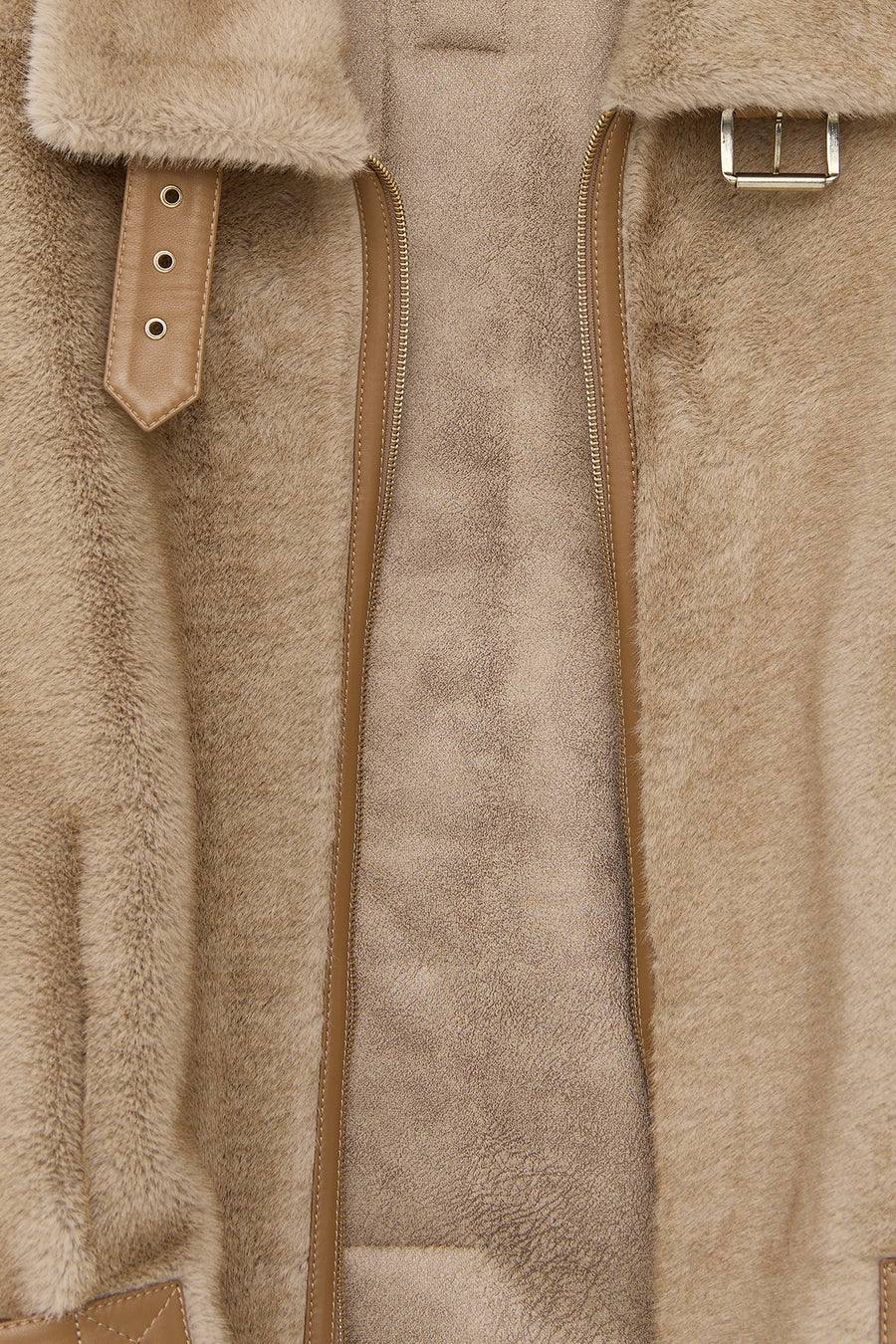 Meribel Women's Beige Wide Collar Teddy Leather Jacket