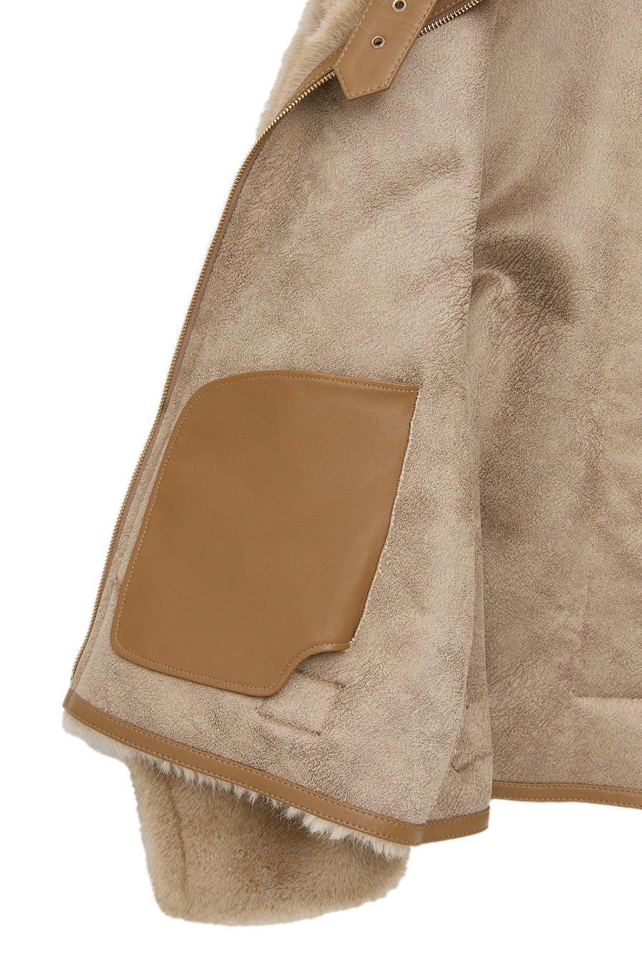Meribel Women's Beige Wide Collar Teddy Leather Jacket