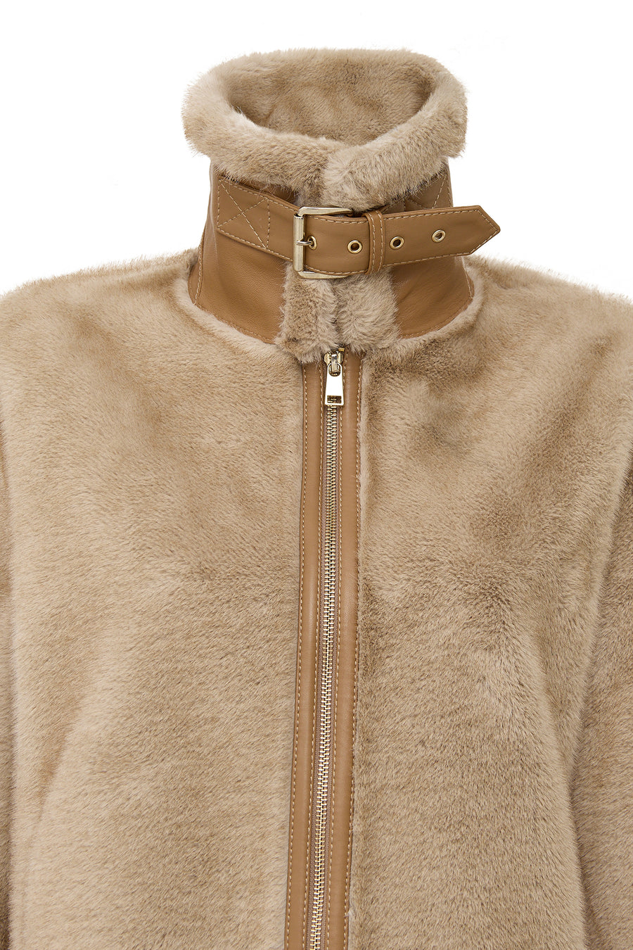 Meribel Women's Beige Wide Collar Teddy Leather Jacket