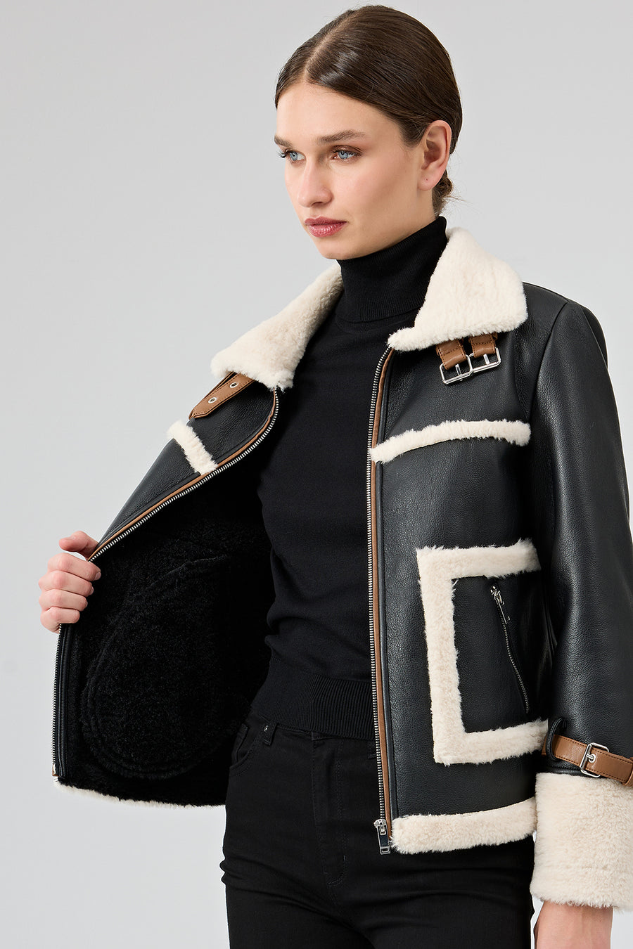 Megeve Women's Black Short Teddy Coat