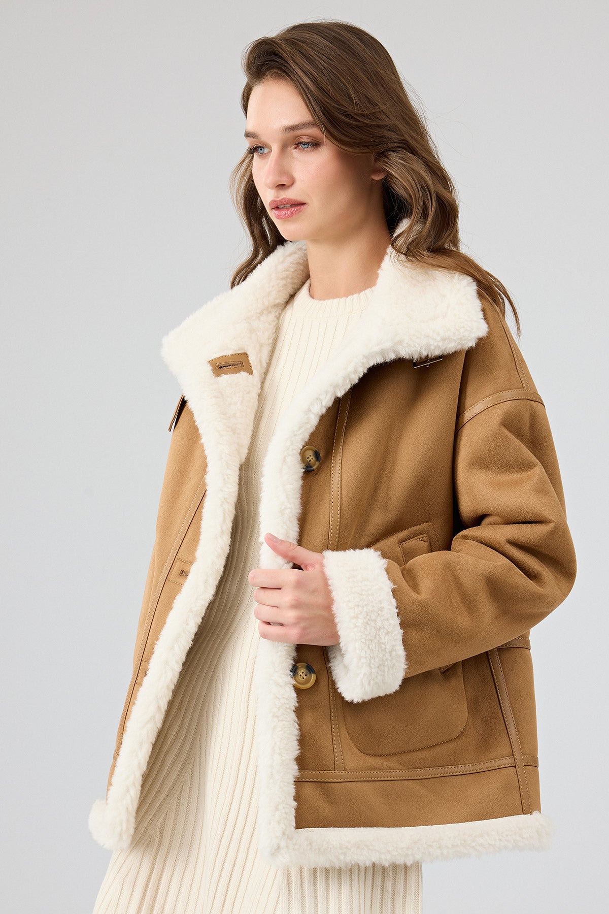 Oslo Kadın Camel Çift Taraflı Teddy Deri Mont