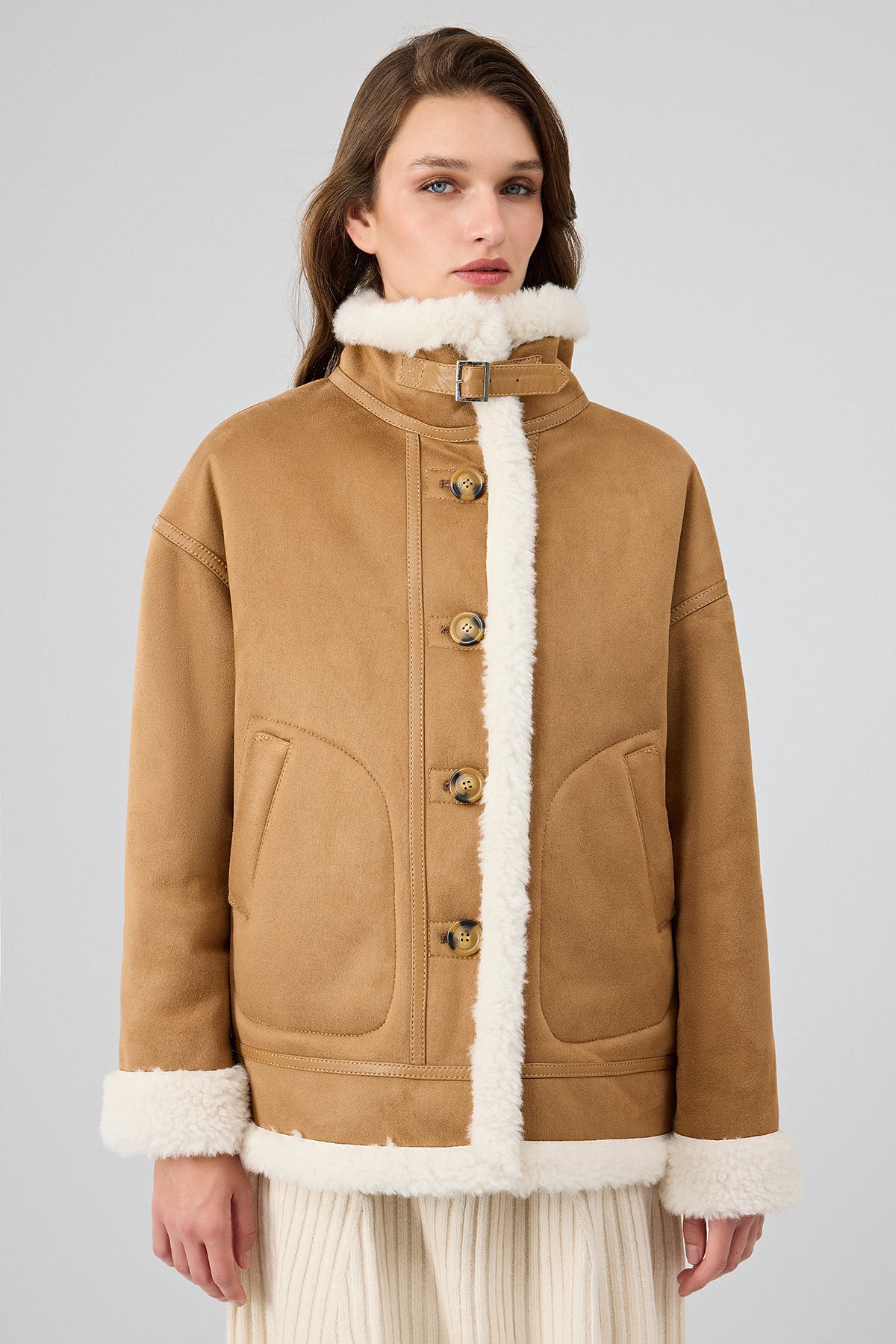 Oslo Kadın Camel Çift Taraflı Teddy Deri Mont