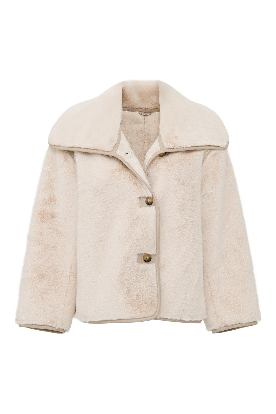 Malmö Women's Beige Round Neck Oversize Teddy Leather Jacket