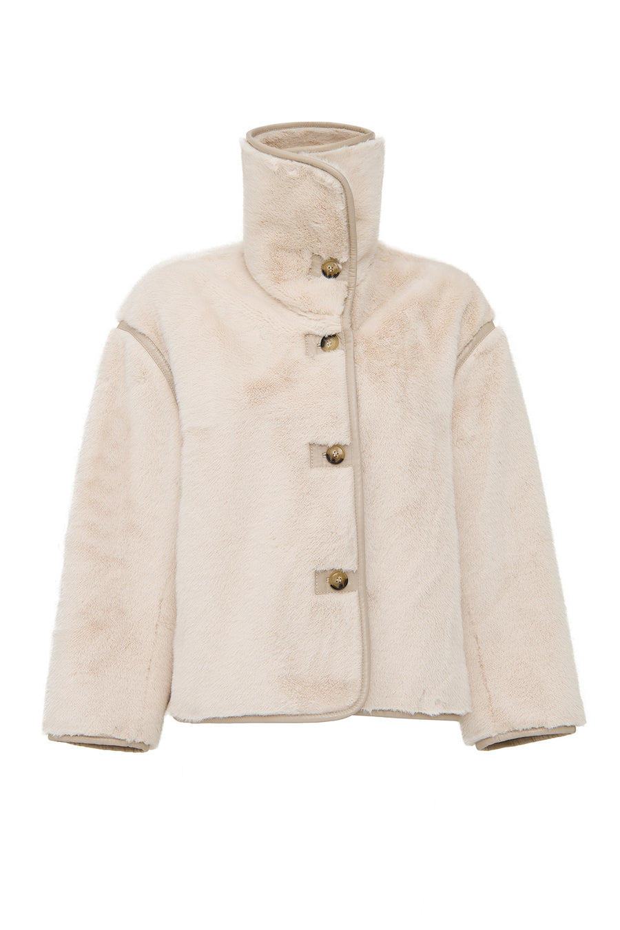 Malmö Women's Beige Round Neck Oversize Teddy Leather Jacket