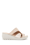 Women's Beige Leather Wedge Heel Comfort Slippers | Derimod