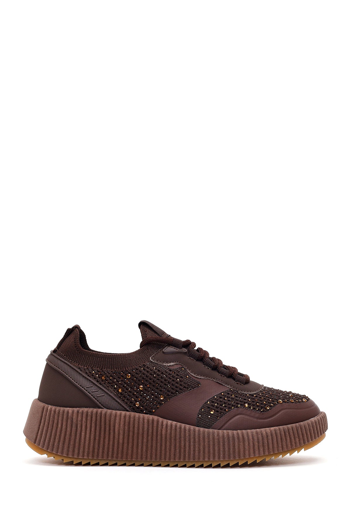 Derimod Zero Women's Brown Lace-up Thick Sole Rhinestone Fabric Sneaker 26PFD43156F | Derimod