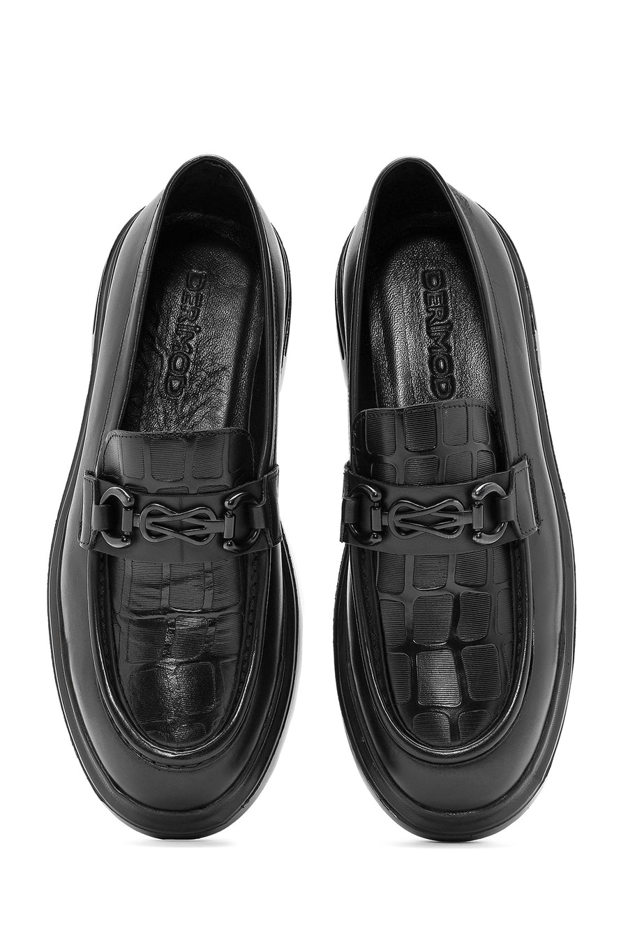 Erkek Siyah Baskılı Toka Detaylı Deri Loafer