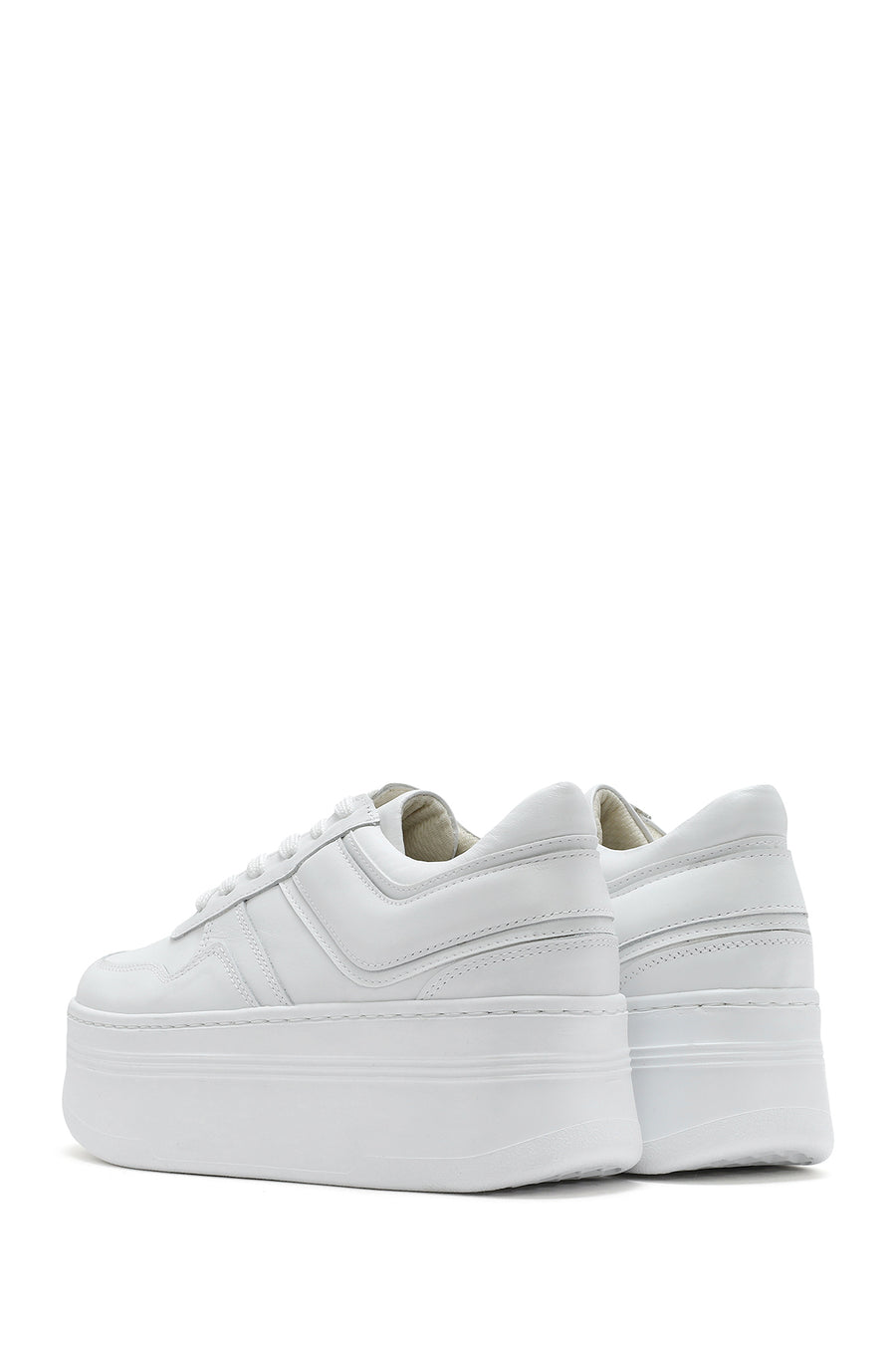 Women's White Lace-up Thick-Sole Leather Sneaker