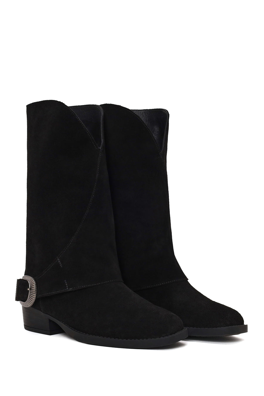 Woman Black Buckled Short Thick-Heeled Suede Boot