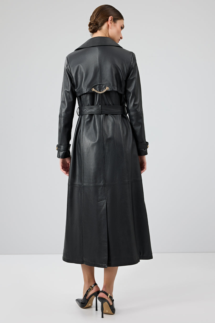 Jenny -X Women's Black Belt Detailed Leather Trench Coat