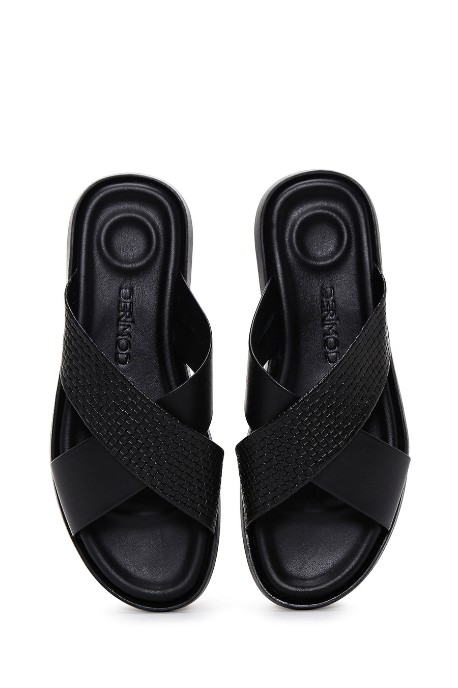 Men's Black Knitted Patterned Leather Slippers