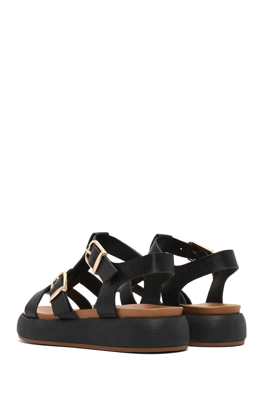 Women's Black Buckled Thick Soled Leather Sandals