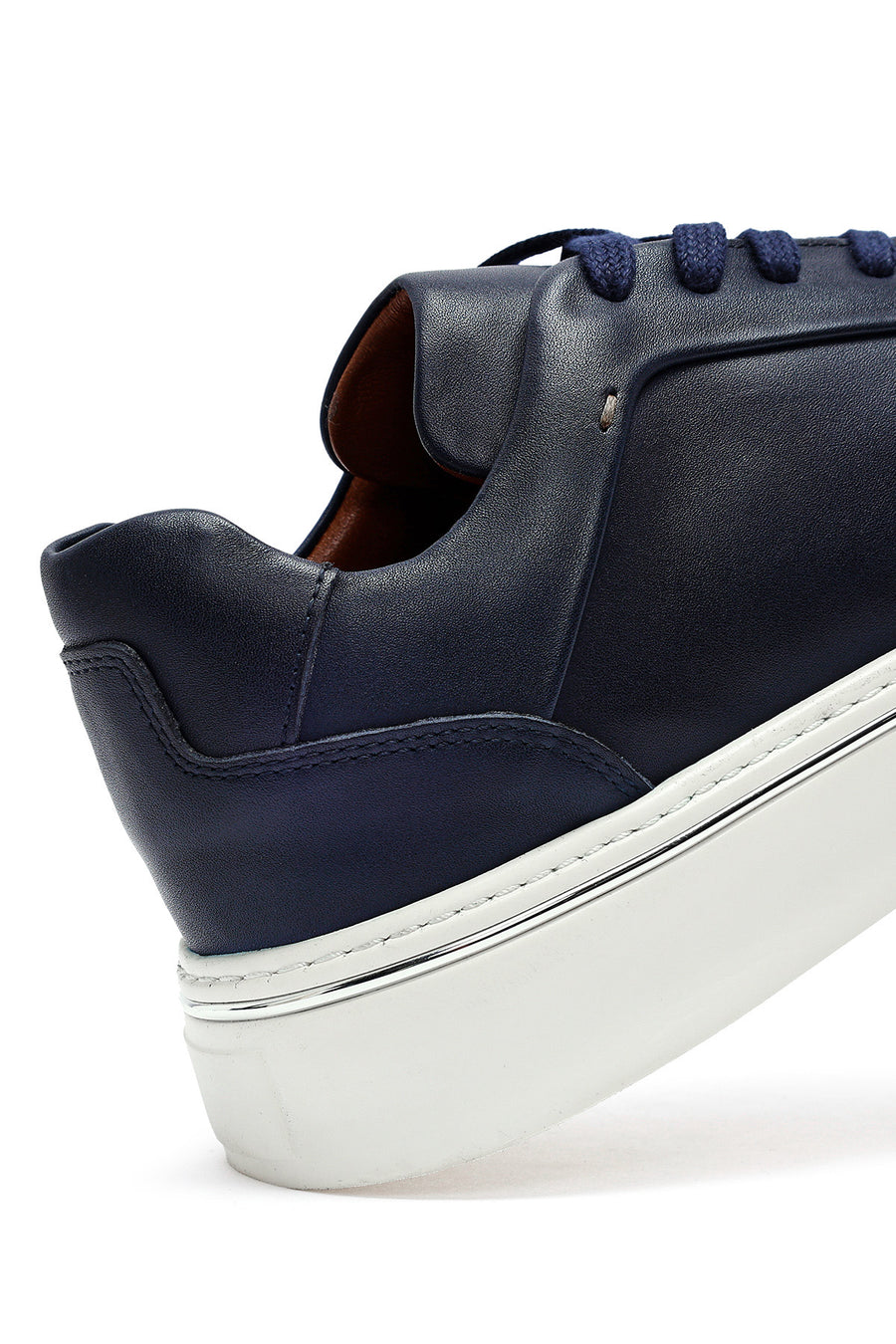 Erkek Lacivert Bağcıklı Kalın Tabanlı Deri Sneaker