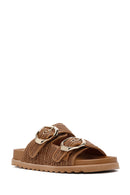 Women's Tan Double Buckle Straw Slippers | Derimod