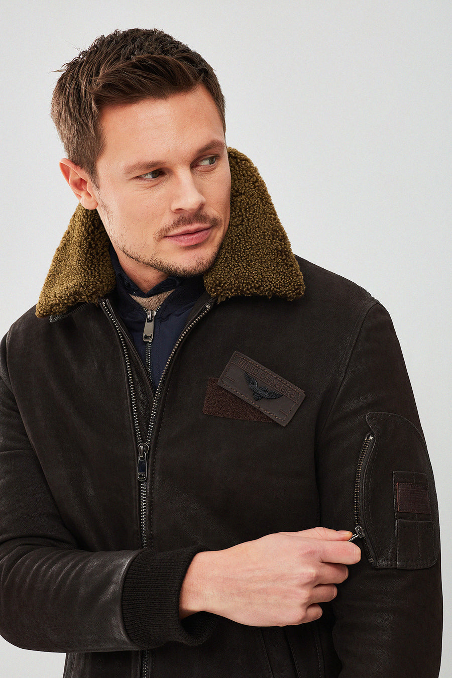 Falcon Men's Brown Embroidered Collar Fur Leather Pilot Jacket