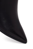 Woman Black Zip Closure Braided Thin-Heeled Leather Boots | Derimod