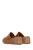 Women's Tan Wedge Heeled Leather Comfort Slippers | Derimod