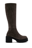 Women's Mink Zippered Thick Heel Suede Leather Boots | Derimod