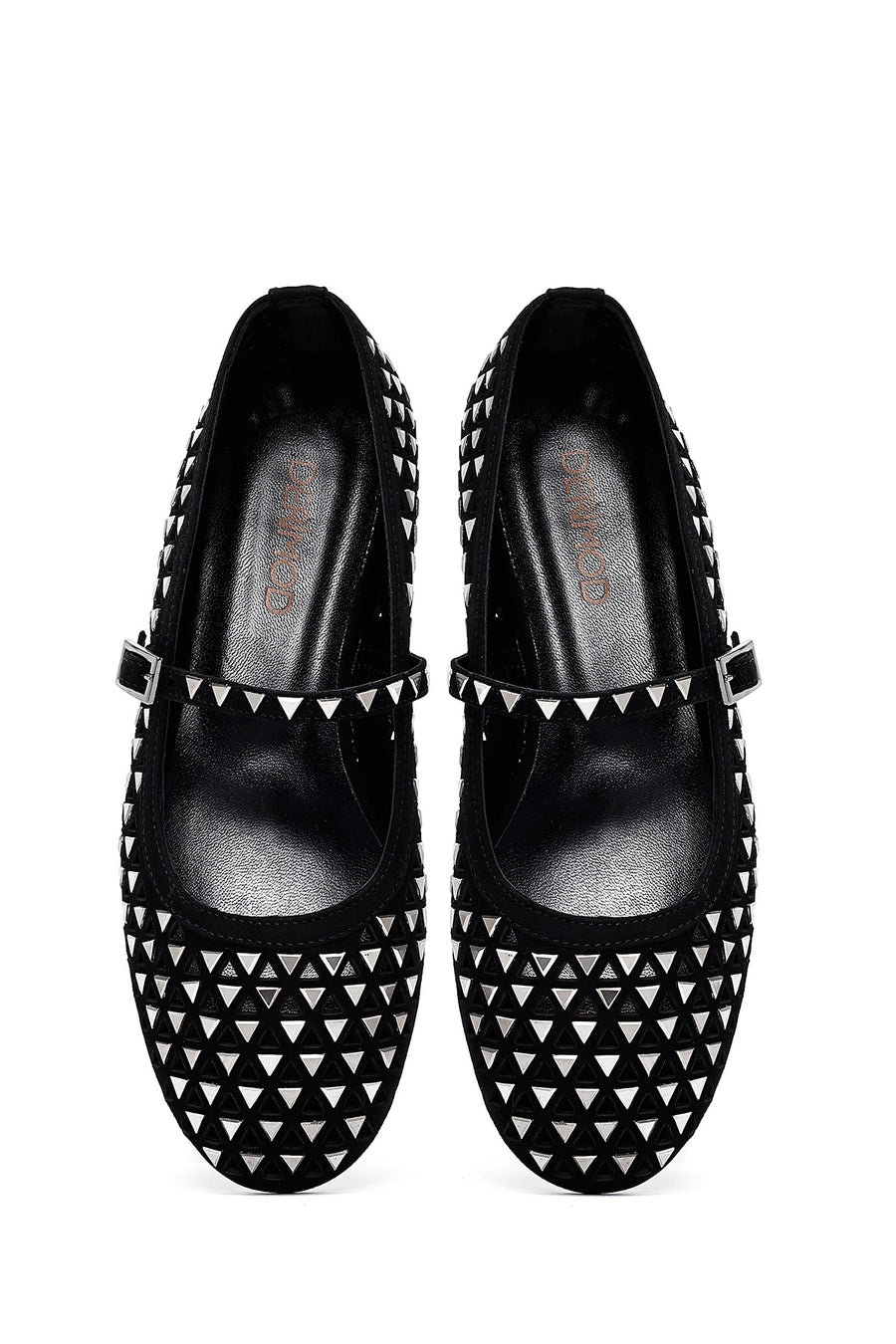 Women's Black Buckled Stoned Leather Ballerinas