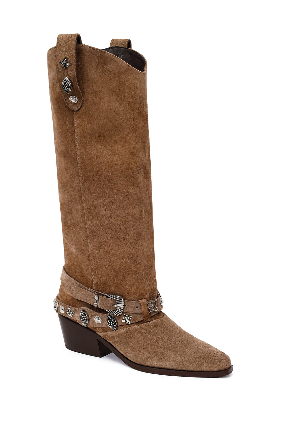 Woman Beige Thick-Heeled Suede Cowboy Boots