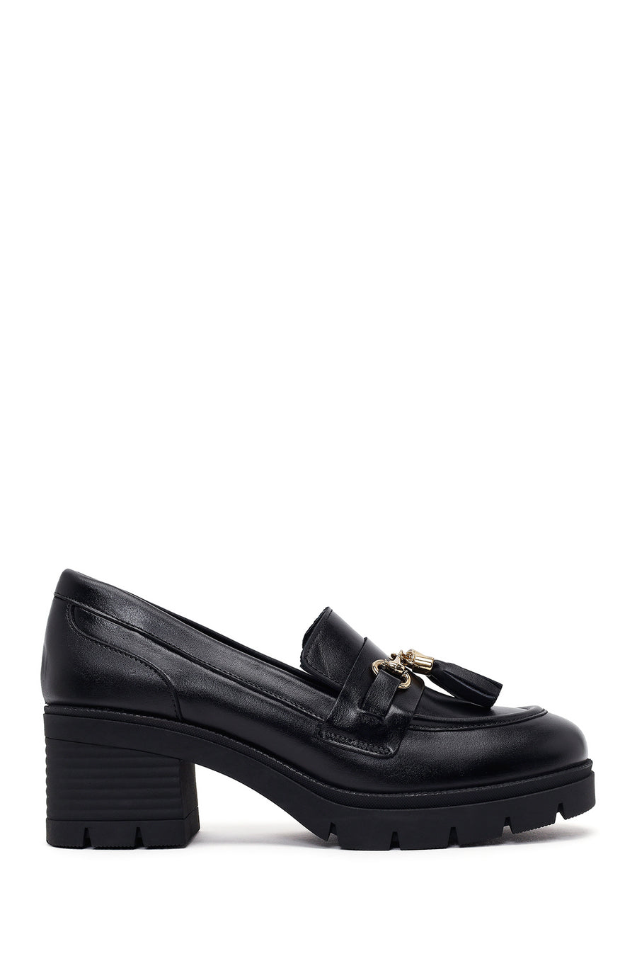 Woman Black Chunky-Heeled Buckled Leather Loafer AF400005DV | Derimod