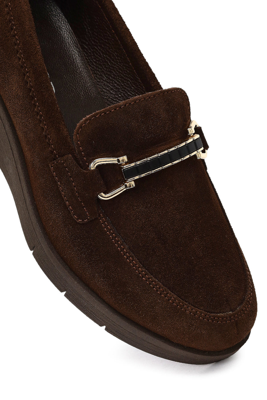 Kadın Kahverengi Tokalı Dolgu Topuklu Süet Deri Comfort Loafer