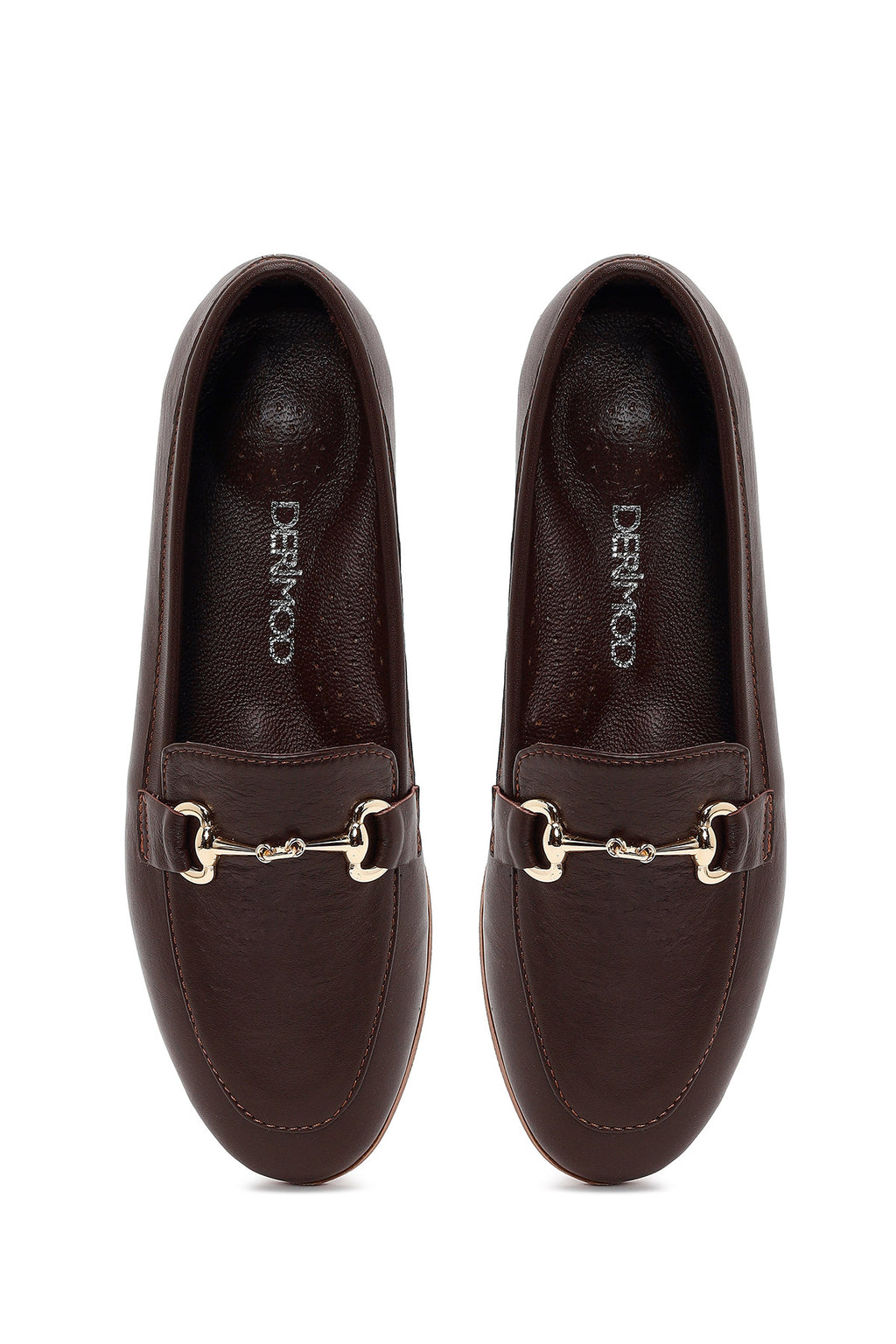 Kadın Kahverengi Tokalı Deri Klasik Loafer