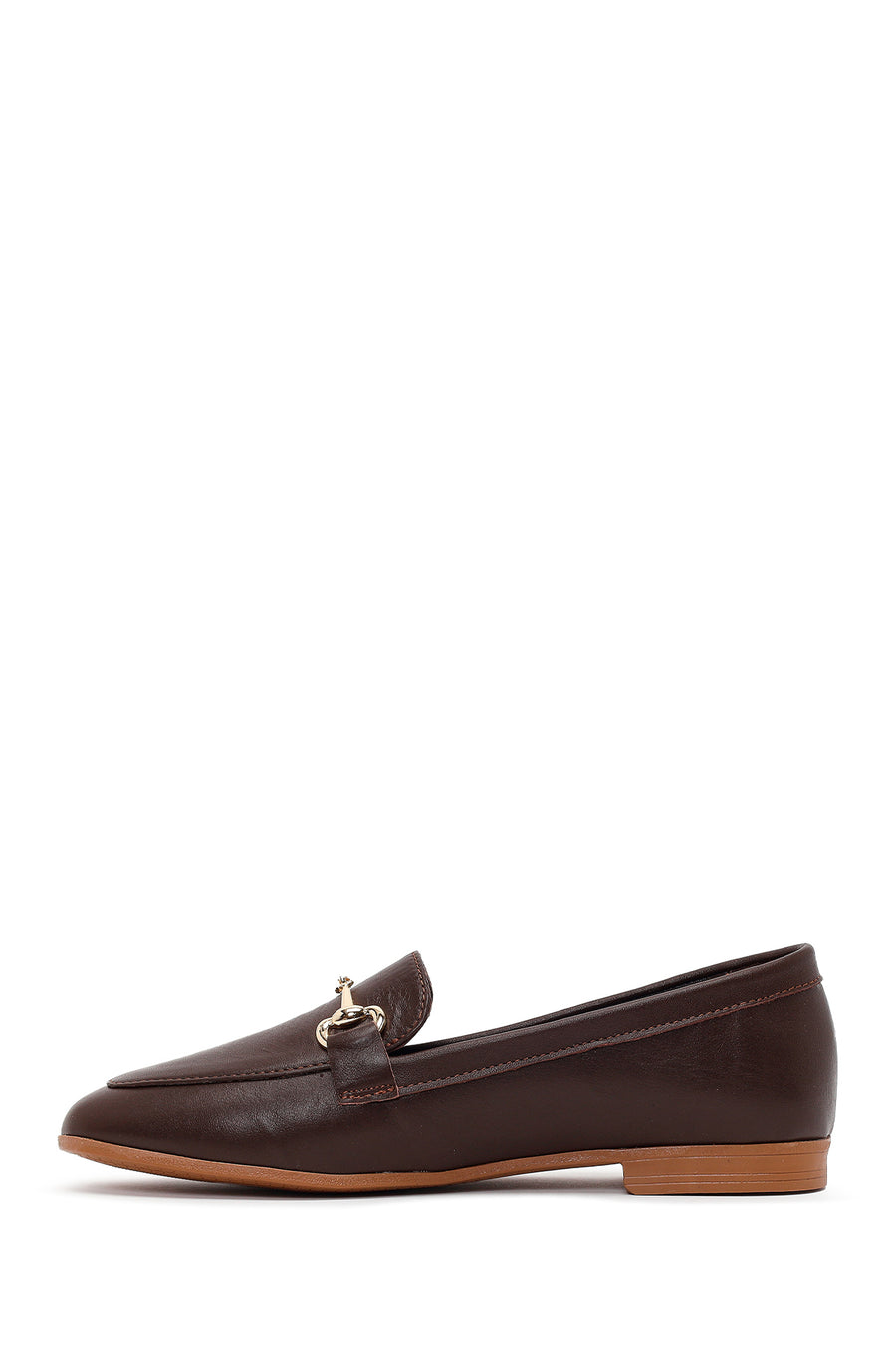 Kadın Kahverengi Tokalı Deri Klasik Loafer
