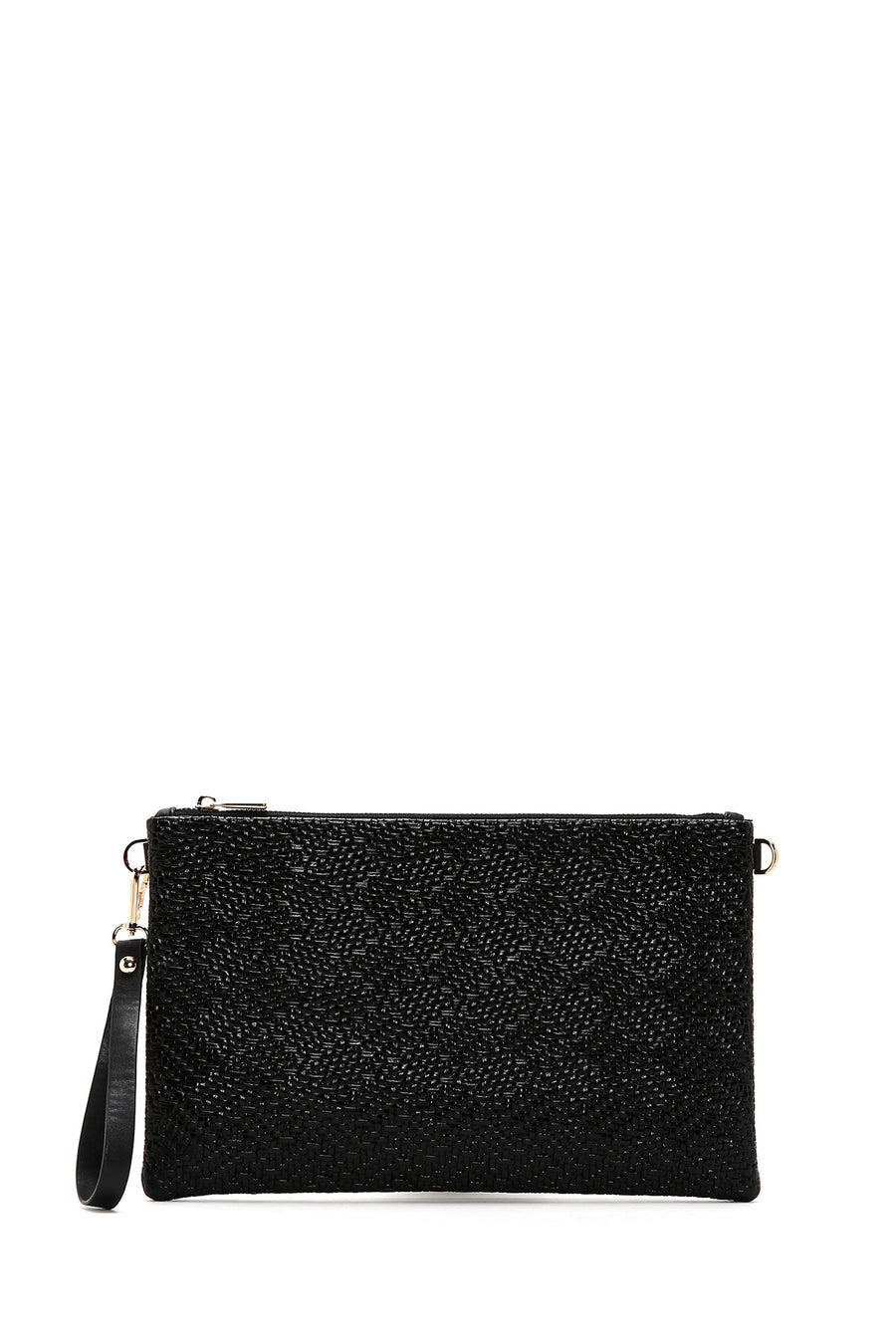 Women's Black Long Chain Strap Woven Clutch Bag