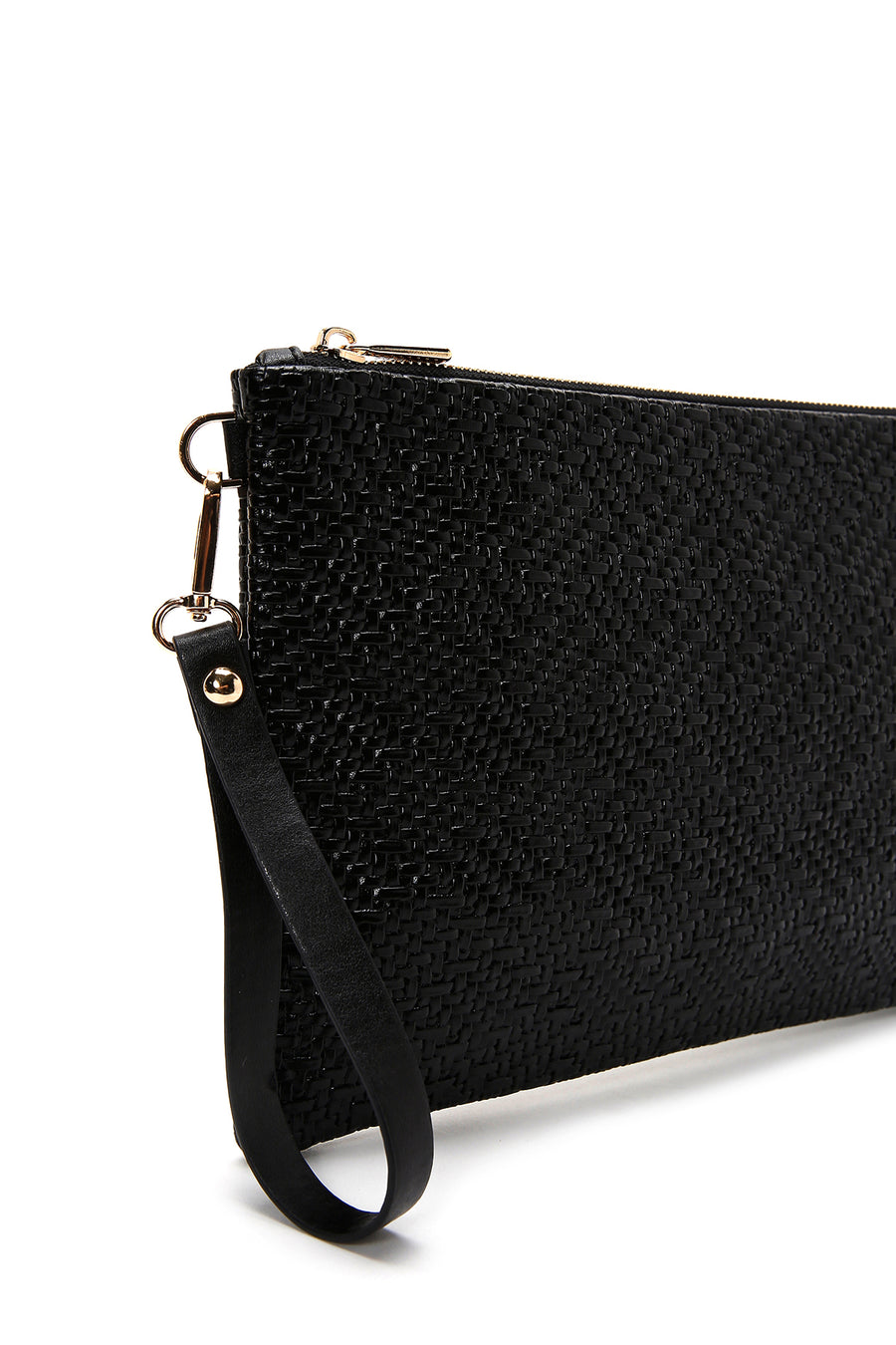Women's Black Long Chain Strap Woven Clutch Bag