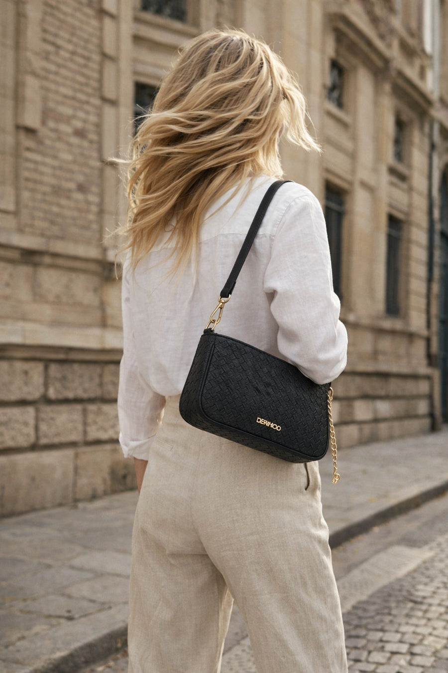 Woman Black Long-Strap Braided Shoulder Bag