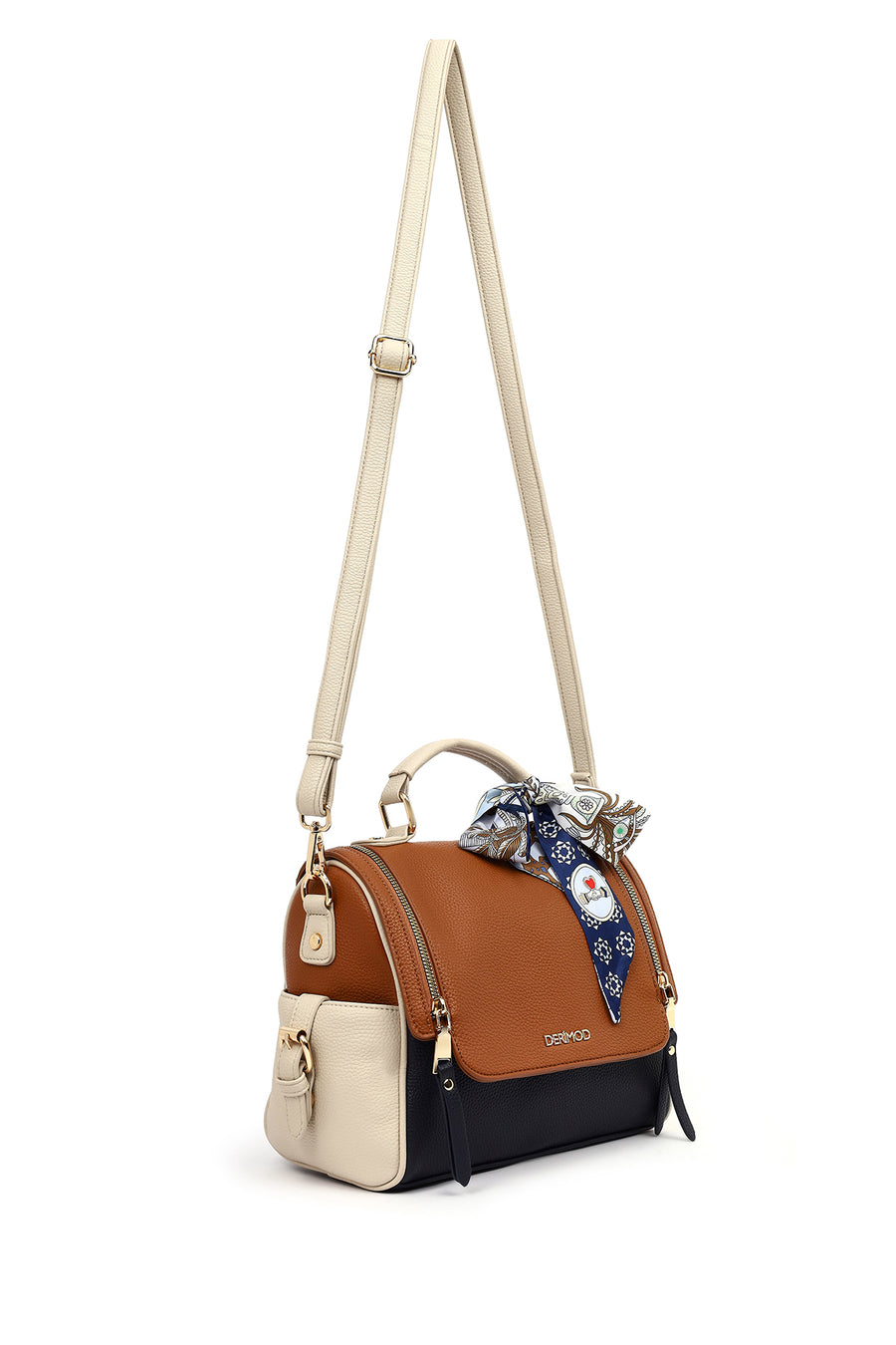 Women's Tan Long Strap Handbag with Accessory Detail