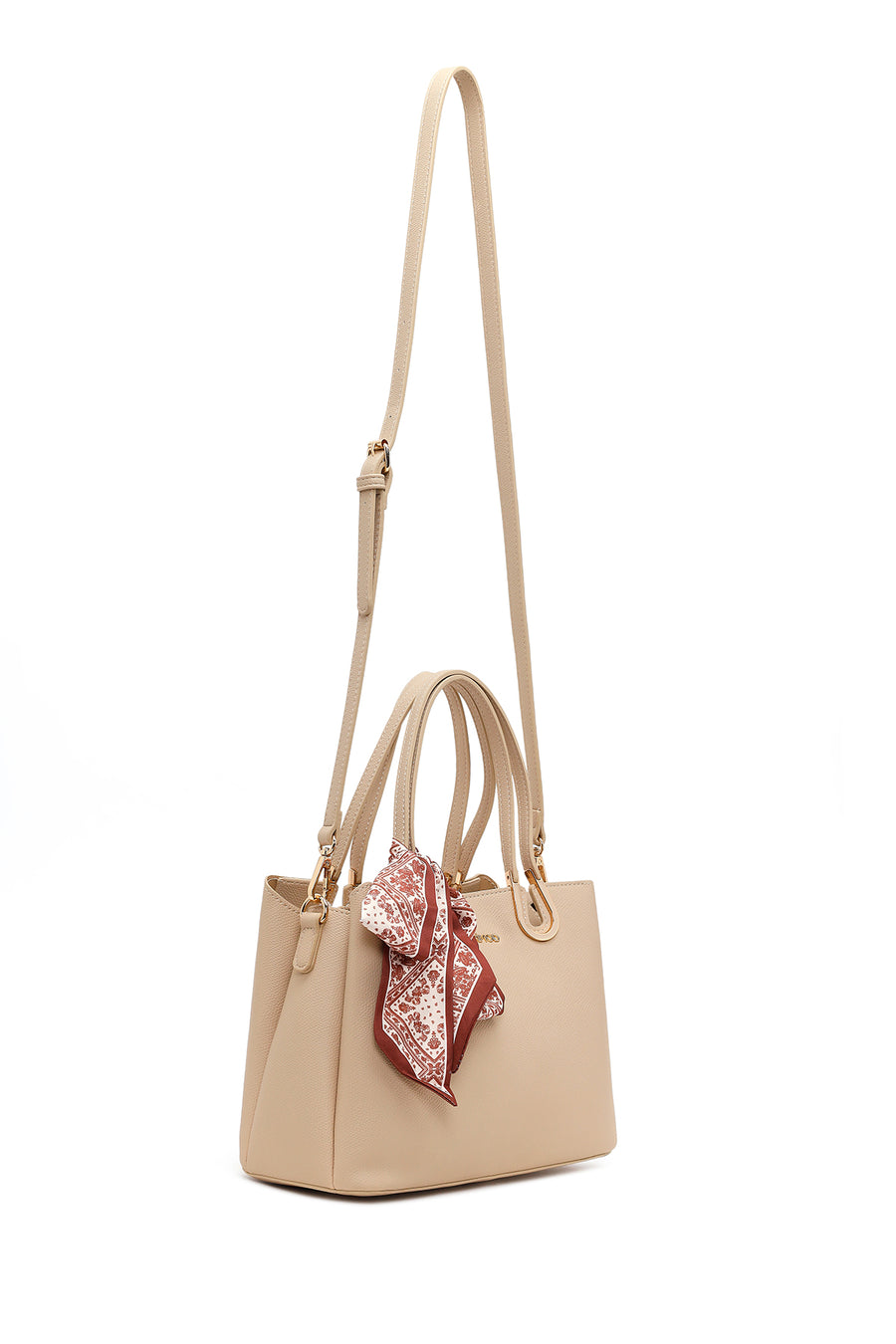 Woman Beige Long-Strap Accessorized Shoulder Bag