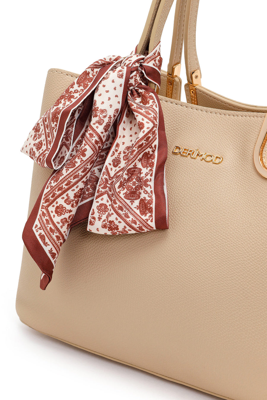 Woman Beige Long-Strap Accessorized Shoulder Bag