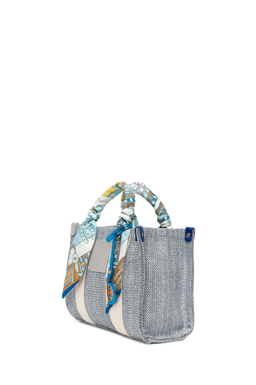 Woman Blue Long-Strap Wicker Shoulder Bag