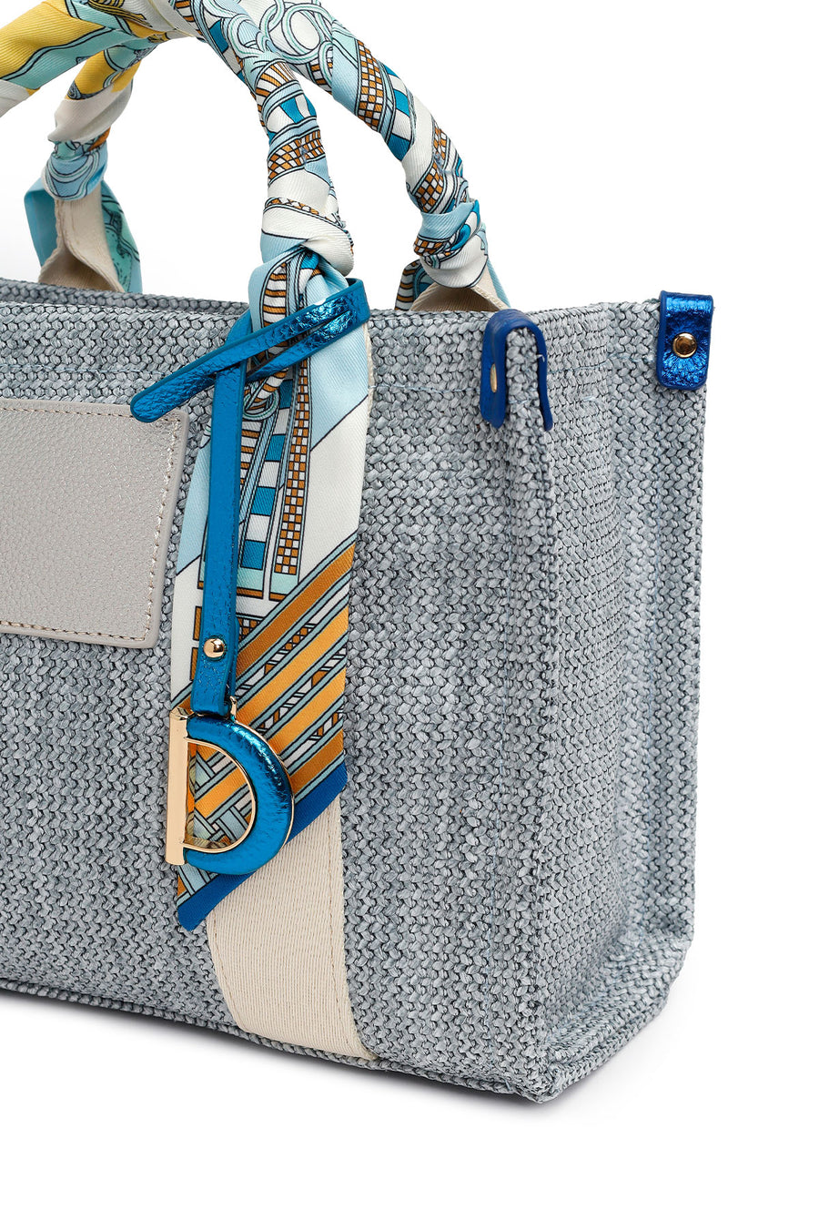 Woman Blue Long-Strap Wicker Shoulder Bag