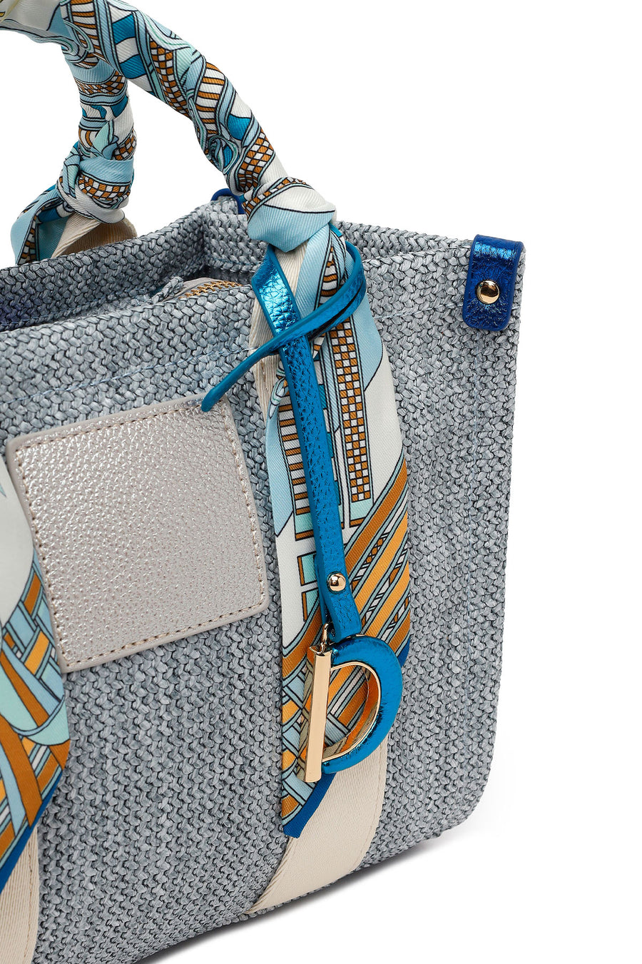 Woman Blue Long-Strap Wicker Shoulder Bag