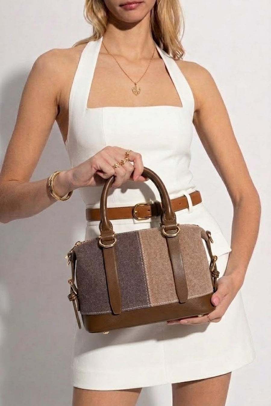 Woman Brown Long-Strap Denim Shoulder Bag