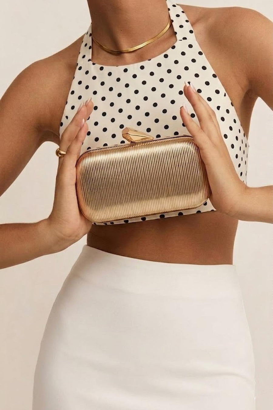 Woman Gold Long-Strap Metallic Mini Clutch Evening Bag