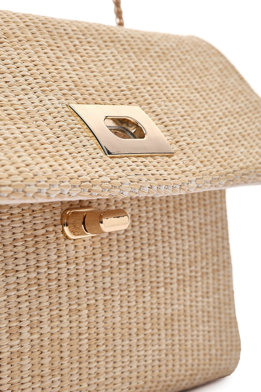 Woman Beige Long Straw Shoulder Bag with Chain Strap