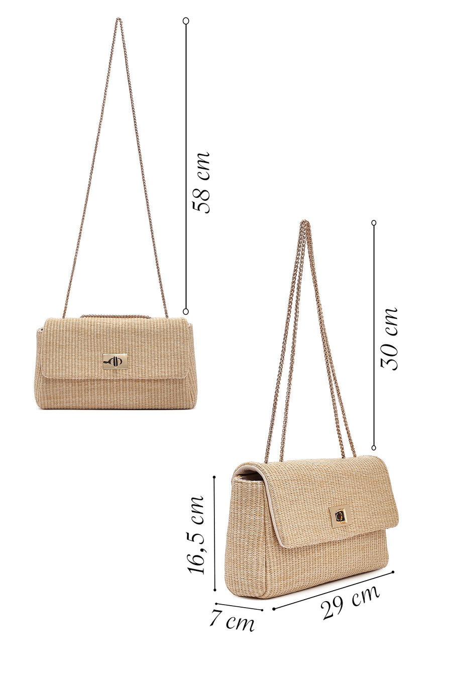 Woman Beige Long Straw Shoulder Bag with Chain Strap