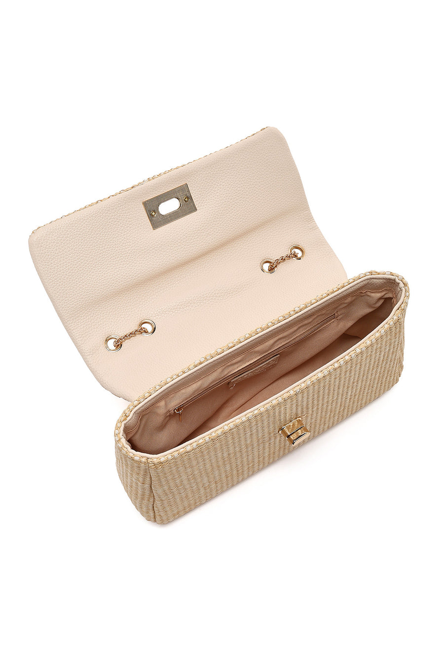 Woman Beige Long Straw Shoulder Bag with Chain Strap