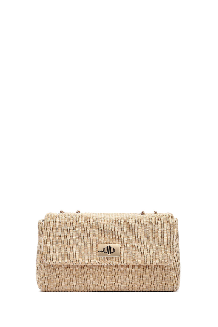 Woman Beige Long Straw Shoulder Bag with Chain Strap