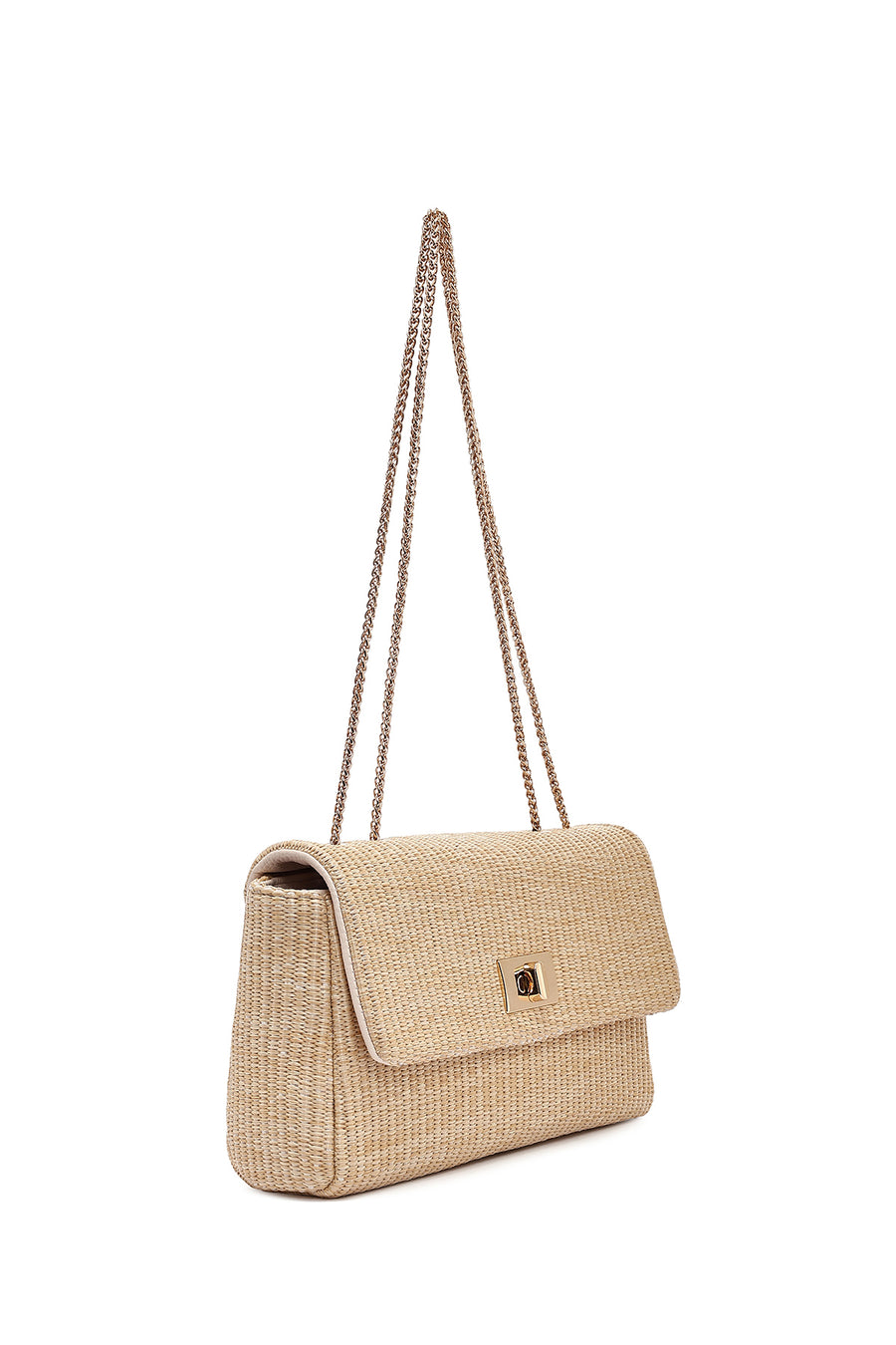 Woman Beige Long Straw Shoulder Bag with Chain Strap