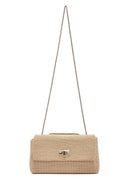 Woman Beige Long Straw Shoulder Bag with Chain Strap | Derimod