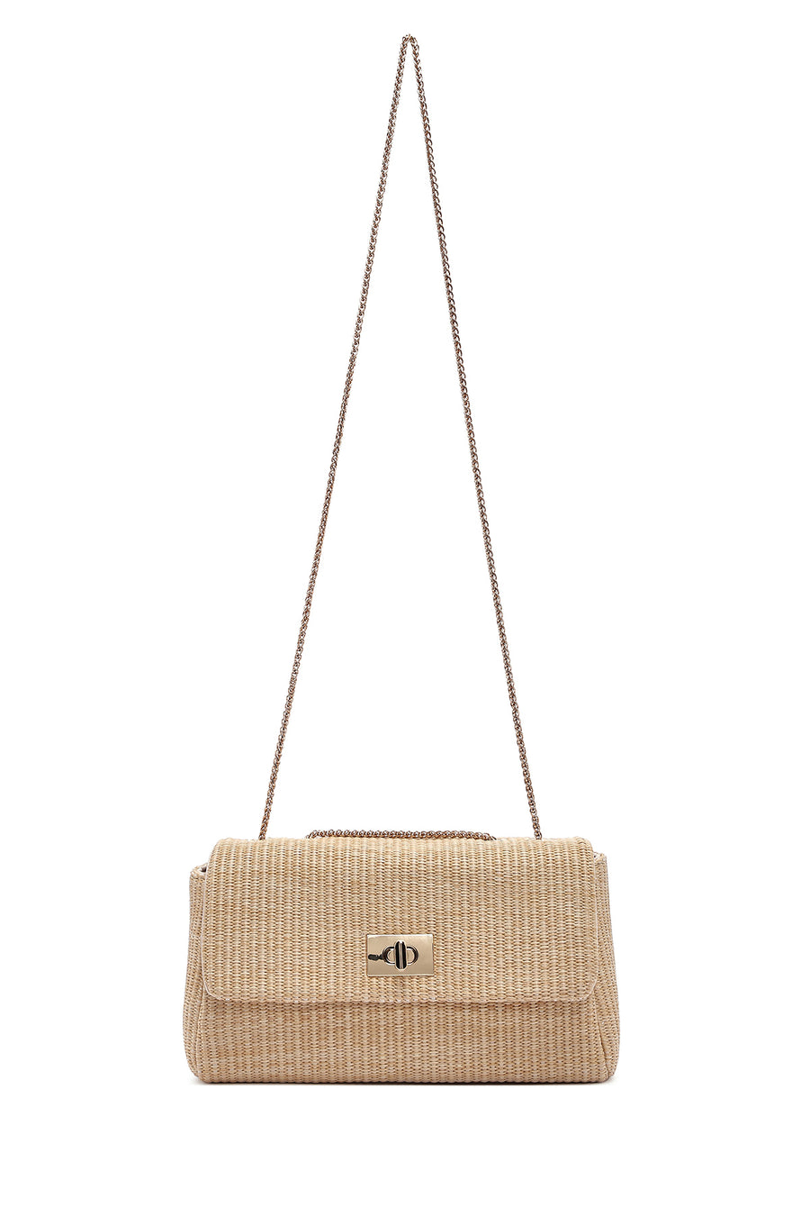 Woman Beige Long Straw Shoulder Bag with Chain Strap