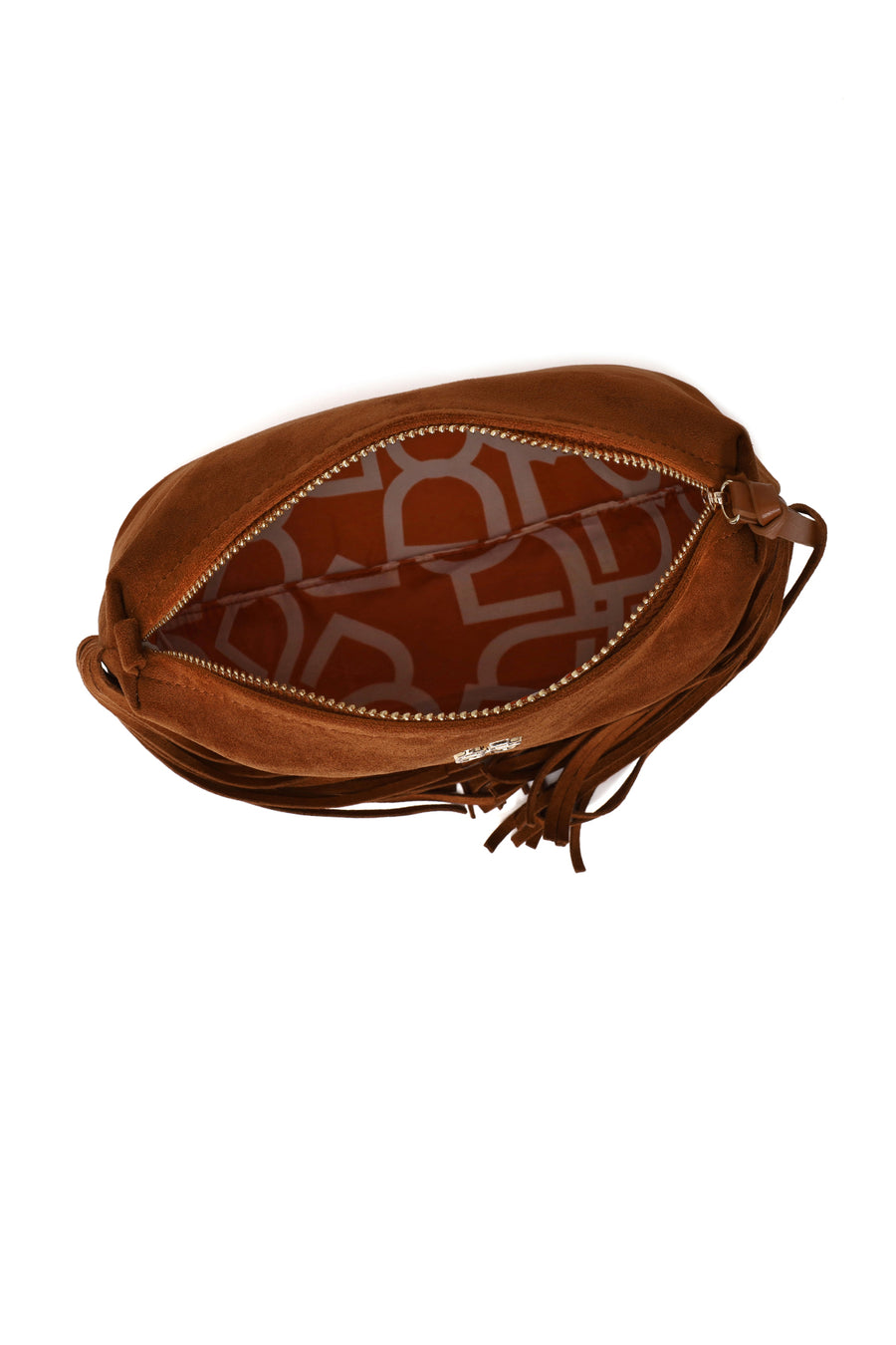 Woman Brown Suede Shoulder Bag with Tassels and a Long Chain Strap