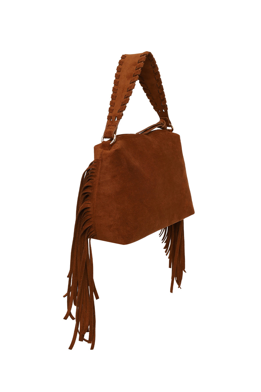Woman Brown Suede Shoulder Bag with Tassels and a Long Chain Strap