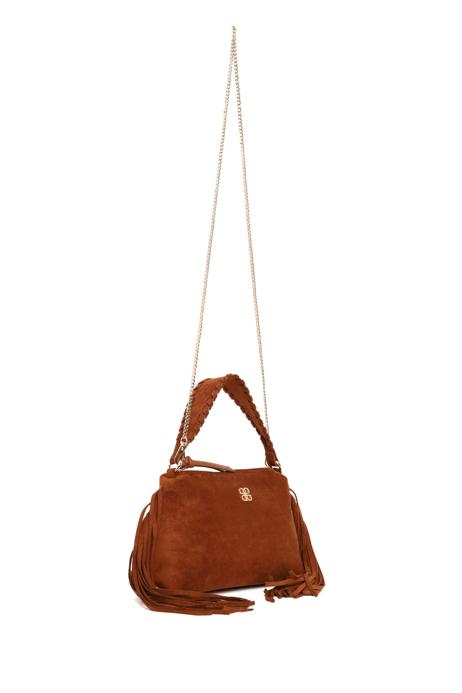 Woman Brown Suede Shoulder Bag with Tassels and a Long Chain Strap