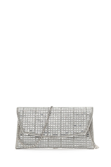 Women's Silver Long Chain Strap Embellished Mini Evening Clutch Bag 26PBD2960TS | Derimod